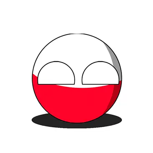 CountryBalls app icon — the Poland ball, white over red, with big white eyes.