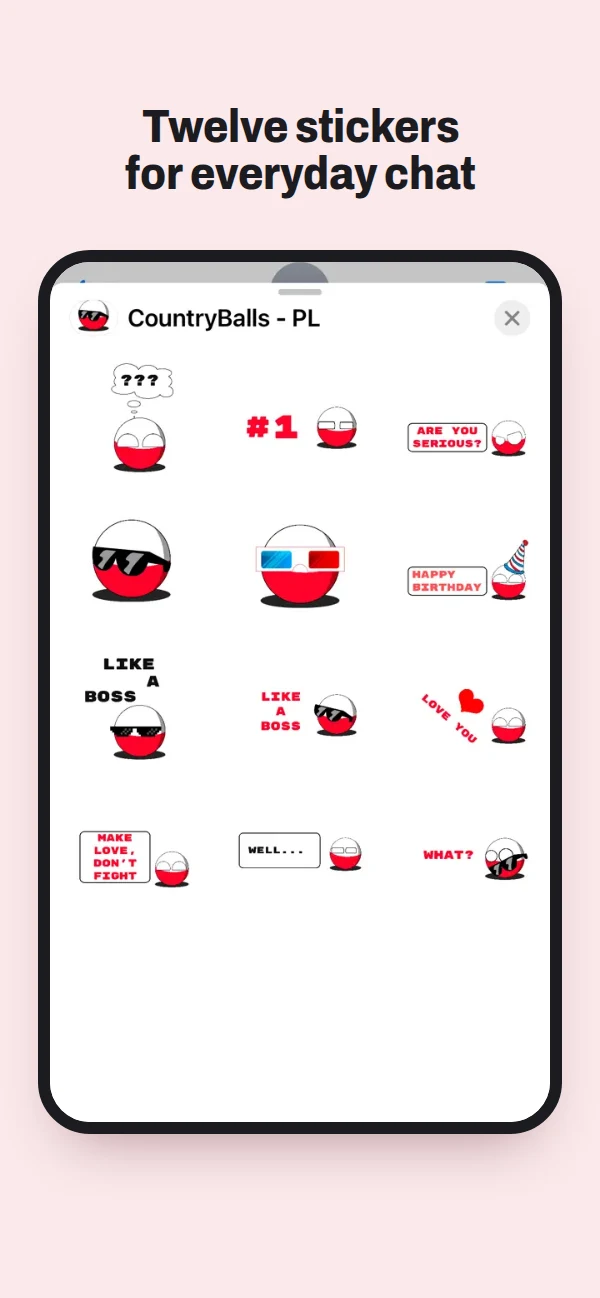 The CountryBalls - PL sticker drawer in Messages, with all twelve Poland ball stickers
