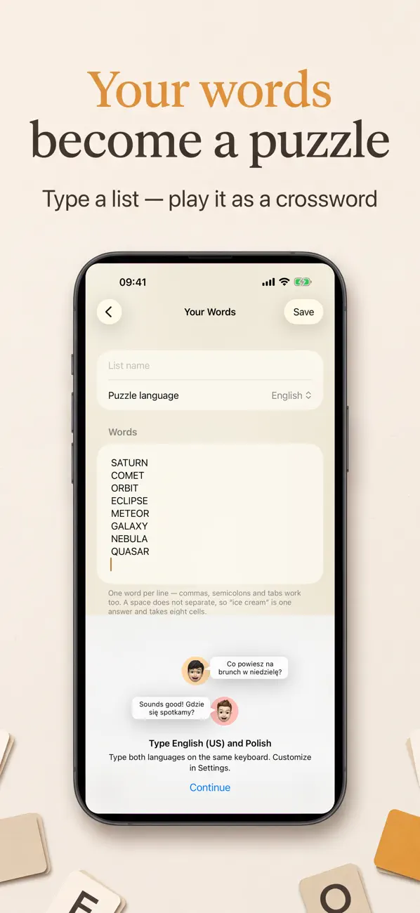 The Inkweave Your Words screen, with a list of words ready to become a crossword