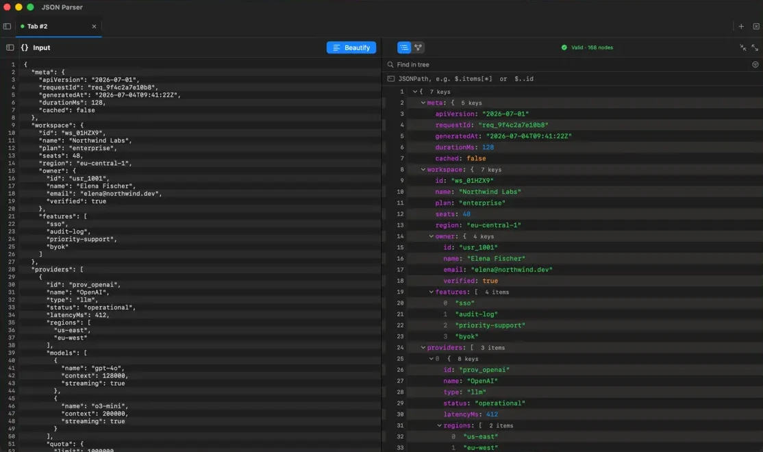 JaySnake with raw JSON on the left and the tree view on the right, under a JSONPath field